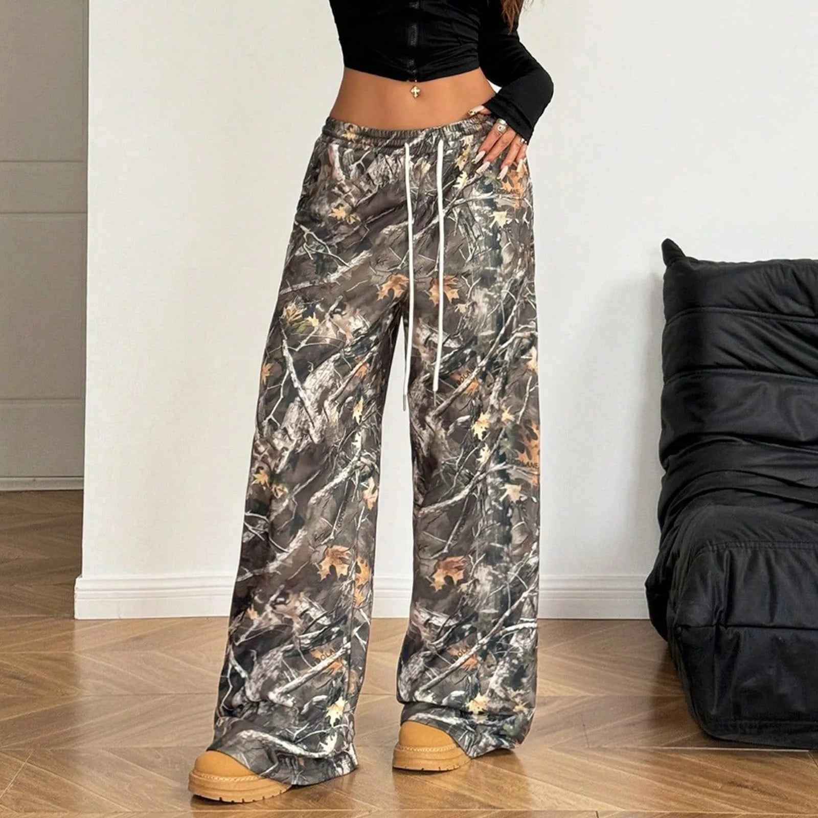 Women Branch Camouflage Wide Leg Pants Casual Hip Hop Elastic Waist Pocket Baggy Trouser Loose Vintage Y2KShannon DeMarte