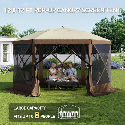 AOXUN 12x12ft Pop-Up Screen Tent – 6-Sided with Mesh Windows, UV Protection &amp; Carrying Bag