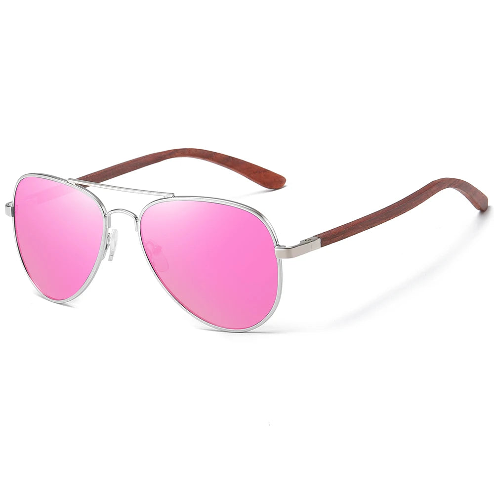 Polarized Pilot Sunglasses – Stainless Steel Frame with Wood Grain Legs
