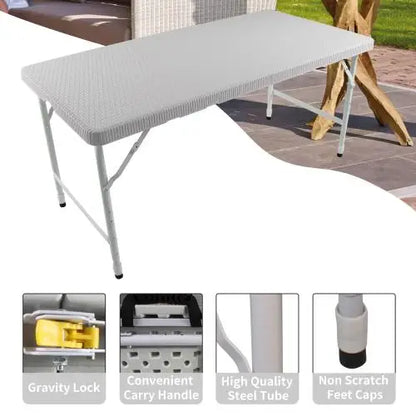 4ft Portable Foldable Rattan Table Indoor &amp; Outdoor Plaited Brown
