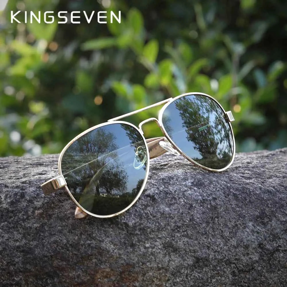 KINGSEVEN Z5518 Wood &amp; Alloy Polarized Pilot Sunglasses – Mirror UV400, Unisex