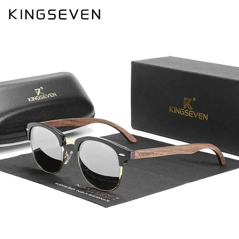KINGSEVEN W5516 Walnut Wood Polarized Semi-Rimless Sunglasses – Oval, UV400, Unisex