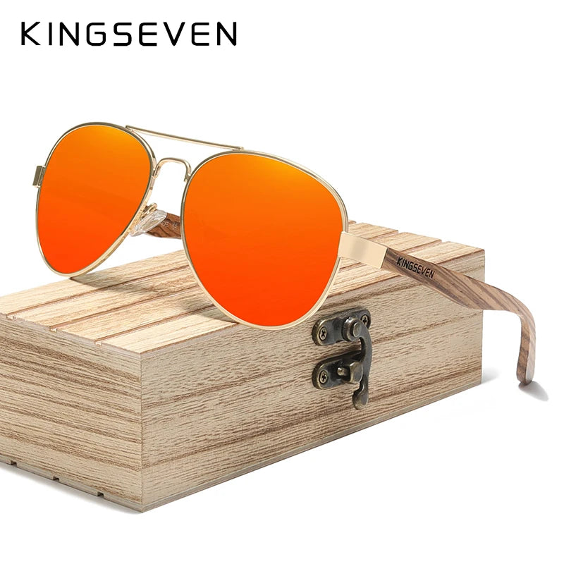 KINGSEVEN Z5518 Wood &amp; Alloy Polarized Pilot Sunglasses – Mirror UV400, Unisex