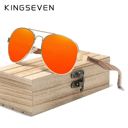KINGSEVEN Z5518 Wood &amp; Alloy Polarized Pilot Sunglasses – Mirror UV400, Unisex