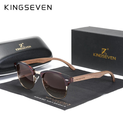 KINGSEVEN W5516 Walnut Wood Polarized Semi-Rimless Sunglasses – Oval, UV400, Unisex