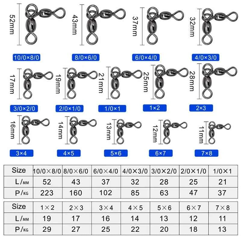 100-Piece 3-Way Rolling Swivel Fishing Connector Set – Stainless Steel Lure Rig Hardware (12 Sizes)