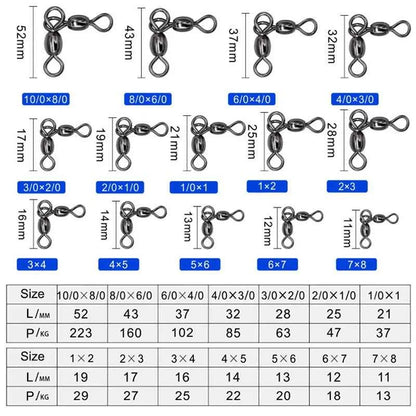 100-Piece 3-Way Rolling Swivel Fishing Connector Set – Stainless Steel Lure Rig Hardware (12 Sizes)