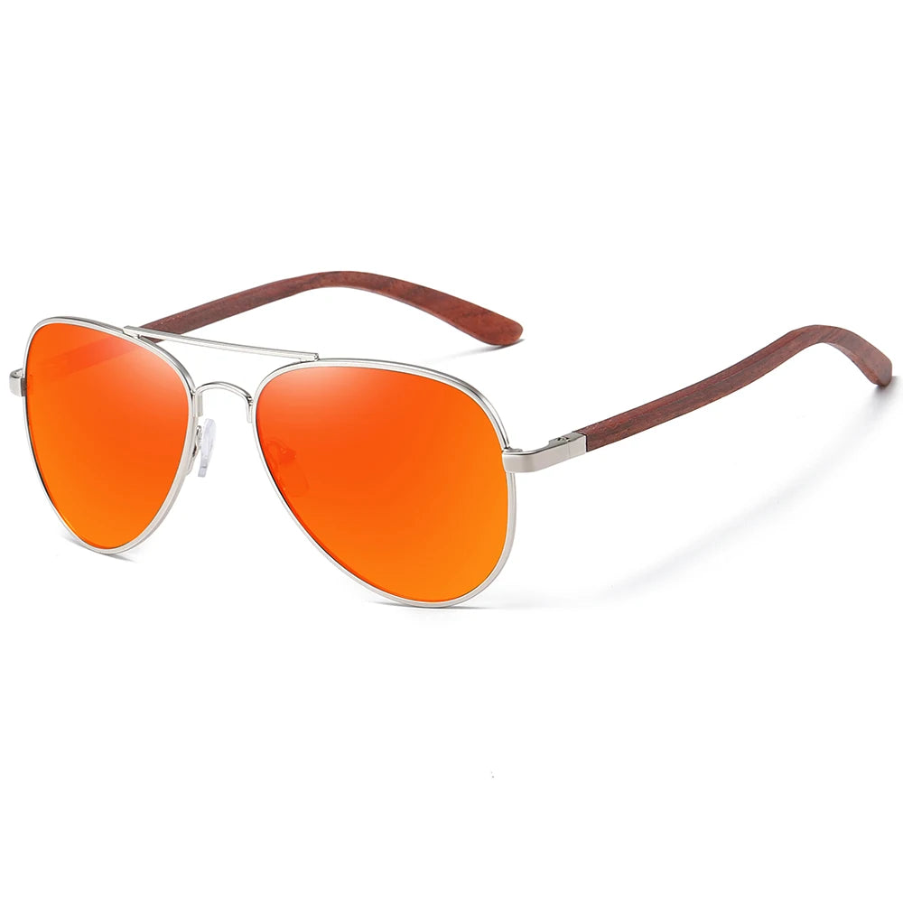 Polarized Pilot Sunglasses – Stainless Steel Frame with Wood Grain Legs