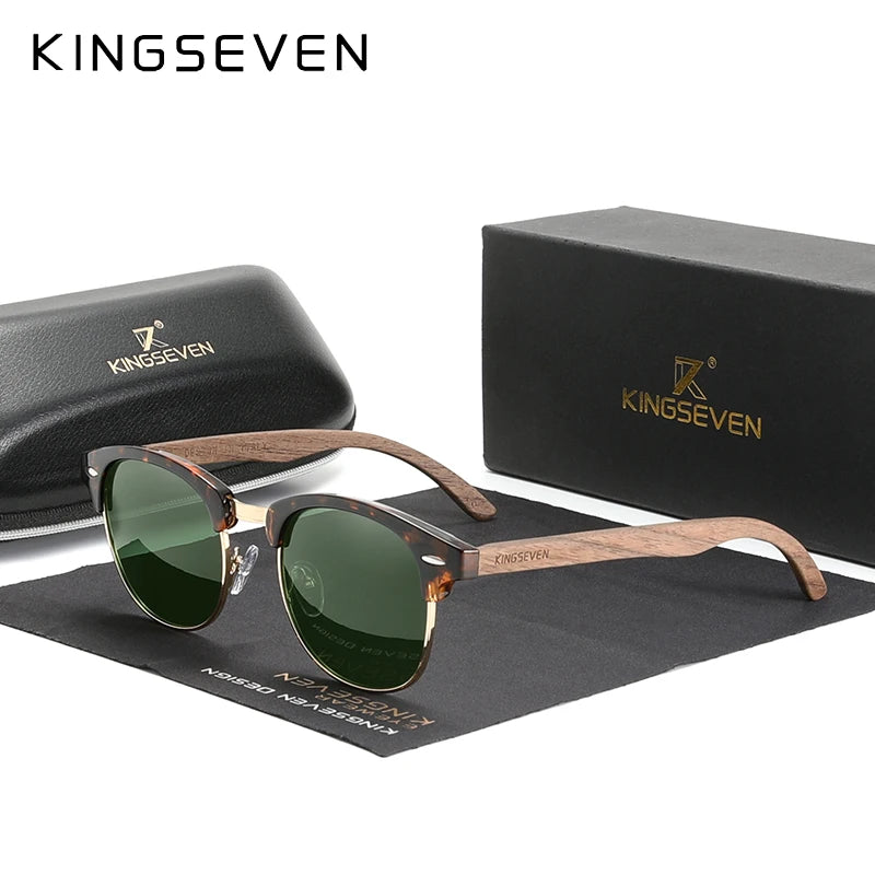 KINGSEVEN W5516 Walnut Wood Polarized Semi-Rimless Sunglasses – Oval, UV400, Unisex