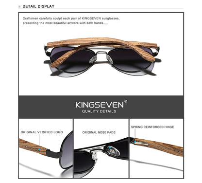 KINGSEVEN Z5518 Wood &amp; Alloy Polarized Pilot Sunglasses – Mirror UV400, Unisex