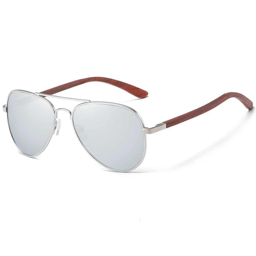 Polarized Pilot Sunglasses – Stainless Steel Frame with Wood Grain Legs