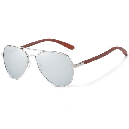 Polarized Pilot Sunglasses – Stainless Steel Frame with Wood Grain Legs