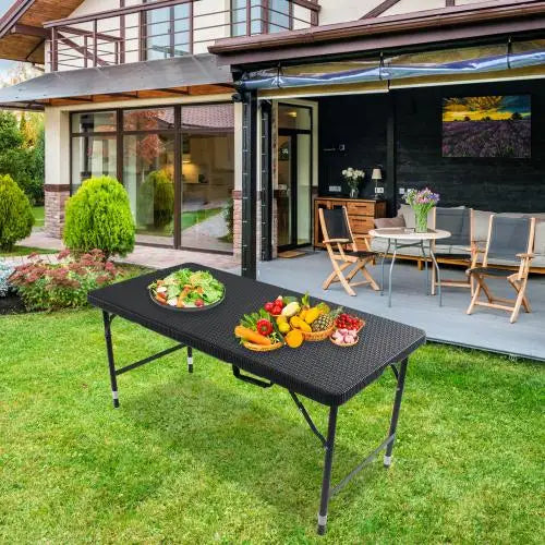 4ft Portable Foldable Rattan Table Indoor &amp; Outdoor Plaited Brown