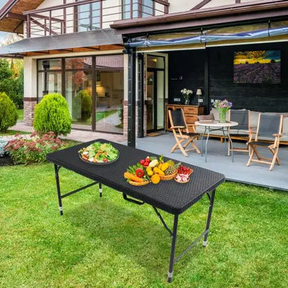 4ft Portable Foldable Rattan Table Indoor &amp; Outdoor Plaited Brown