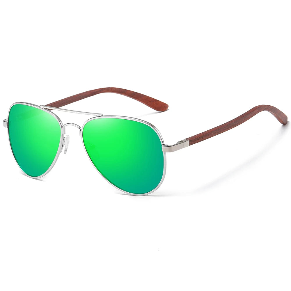 Polarized Pilot Sunglasses – Stainless Steel Frame with Wood Grain Legs