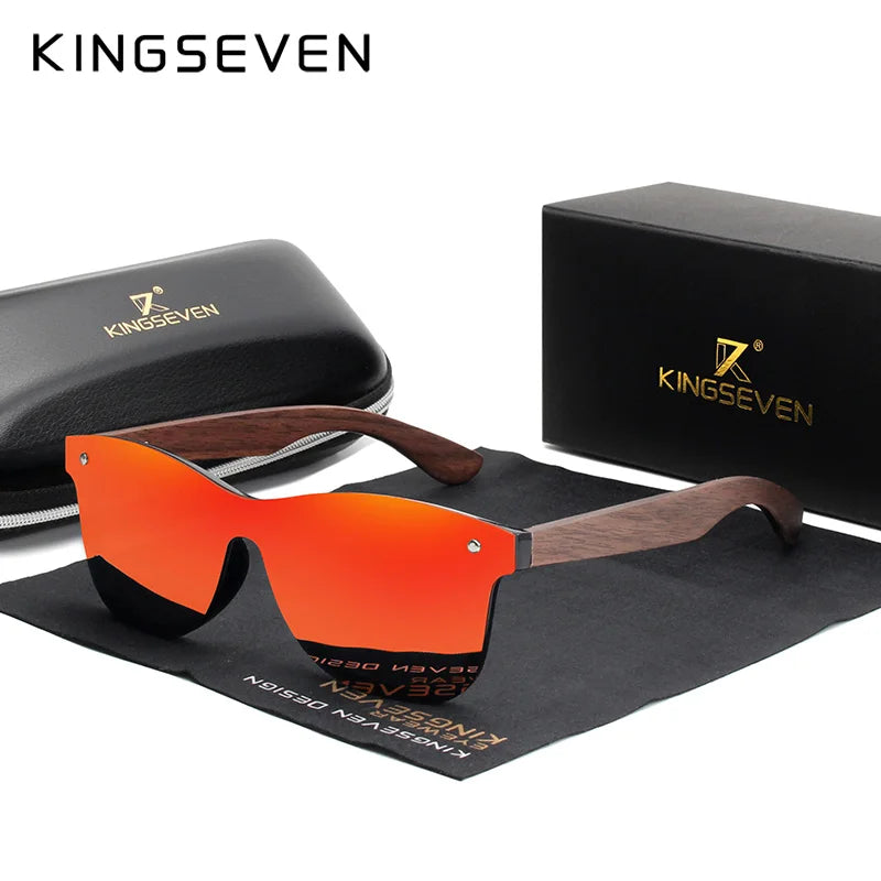 KINGSEVEN NW-5504 Rimless Walnut Wood Sunglasses – Polarized Mirror, UV400, Leather Case