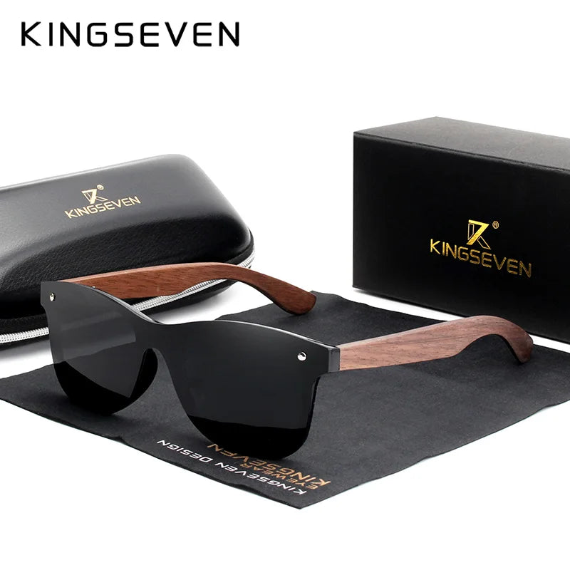 KINGSEVEN NW-5504 Rimless Walnut Wood Sunglasses – Polarized Mirror, UV400, Leather Case
