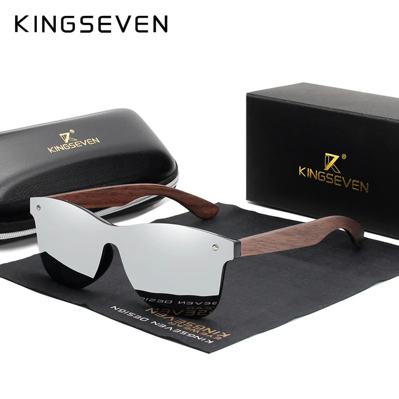 KINGSEVEN NW-5504 Rimless Walnut Wood Sunglasses – Polarized Mirror, UV400, Leather Case