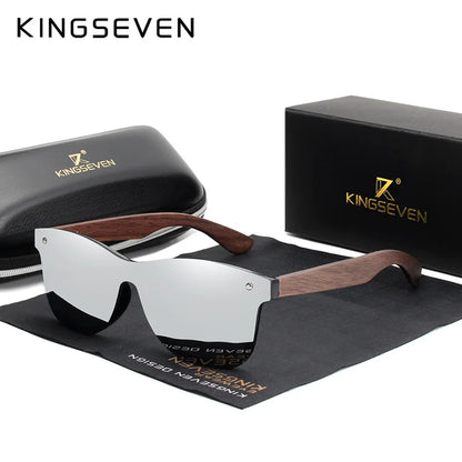 KINGSEVEN NW-5504 Rimless Walnut Wood Sunglasses – Polarized Mirror, UV400, Leather Case