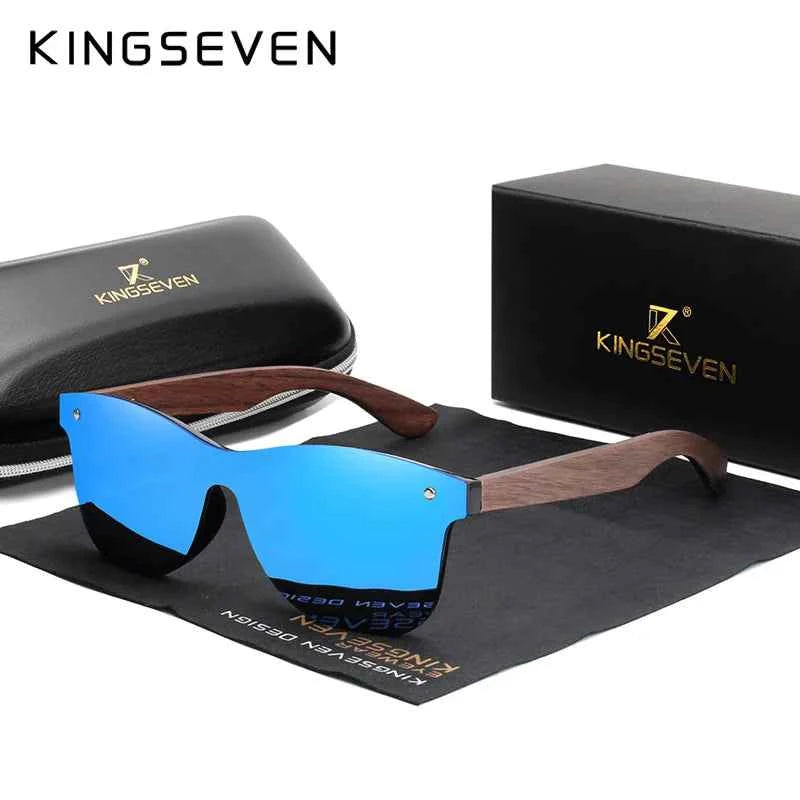 KINGSEVEN NW-5504 Rimless Walnut Wood Sunglasses – Polarized Mirror, UV400, Leather Case