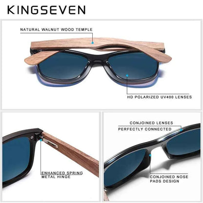 KINGSEVEN NW-5504 Rimless Walnut Wood Sunglasses – Polarized Mirror, UV400, Leather Case