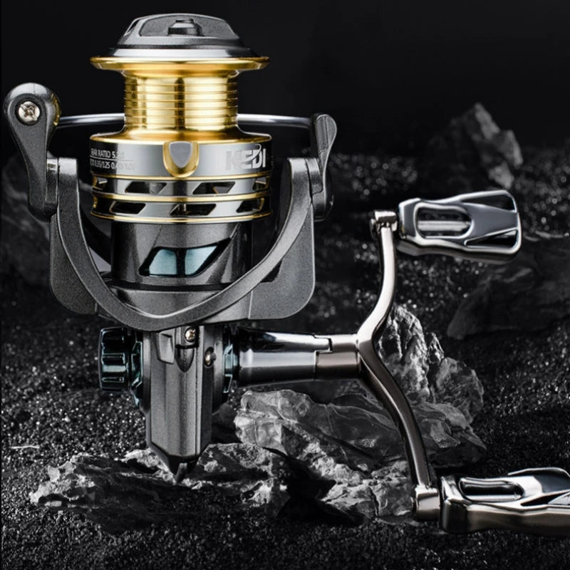 15KG Aluminium full metal body spinning fishing reel with double anti-reverse system on a rocky surface.