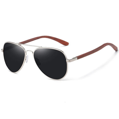 Polarized Pilot Sunglasses – Stainless Steel Frame with Wood Grain Legs
