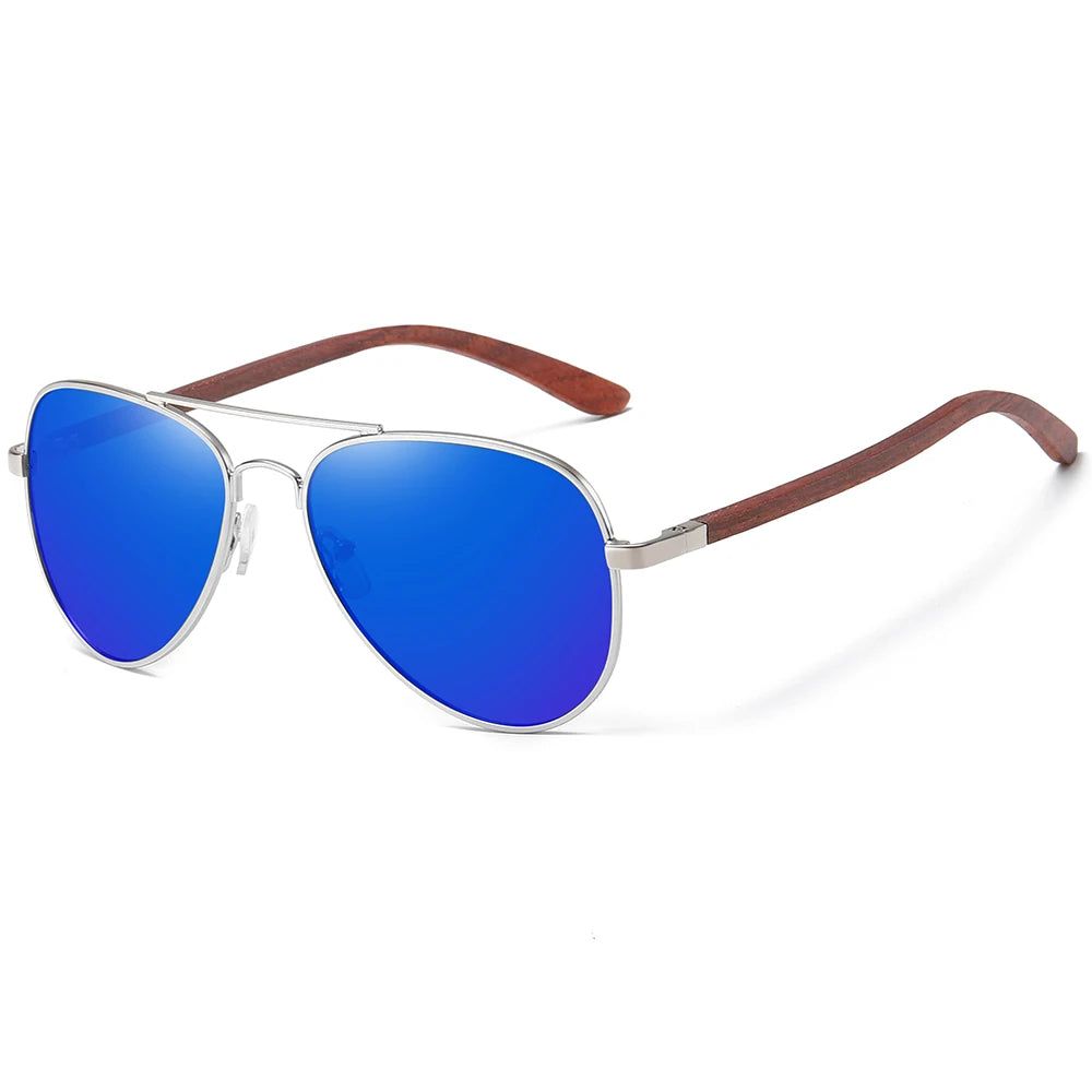 Polarized Pilot Sunglasses – Stainless Steel Frame with Wood Grain Legs