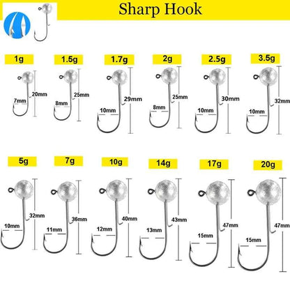 Round Ball Jig Heads – 50 Pack | Weedless Barbed Hook | 1g–20g | Bass, Crappie &amp; Trout