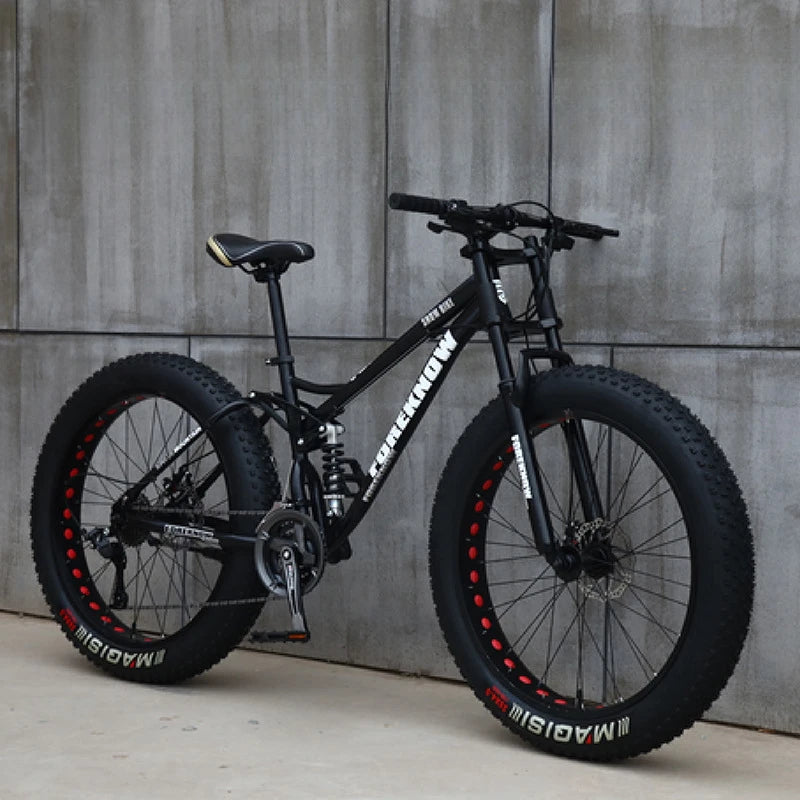 Fat Tire Mountain Bike – 4.0" Wide Tires, Soft-Tail Frame, Double Disc Brakes, 7–27 Speed, 24" or 26" Wheel, Unisex