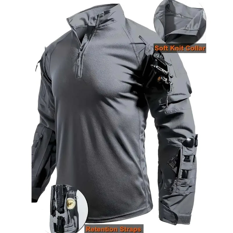 Men Outdoor Tactical Shirts Solid Training Long-Sleeve T-Shirt Tops Wear-Resistant Hunting Shirt Multi-Pocket Adventure Workwear