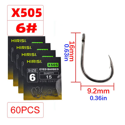 Hirisi X505 PTFE-Coated High Carbon Steel Barbed Carp Hooks – Long Shank, Sizes 