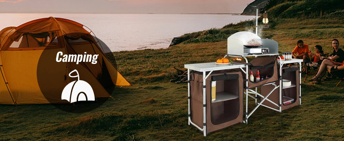 Premium Folding Camp Kitchen Table with Cabinet &amp; Windscreen | Aluminum + MDF