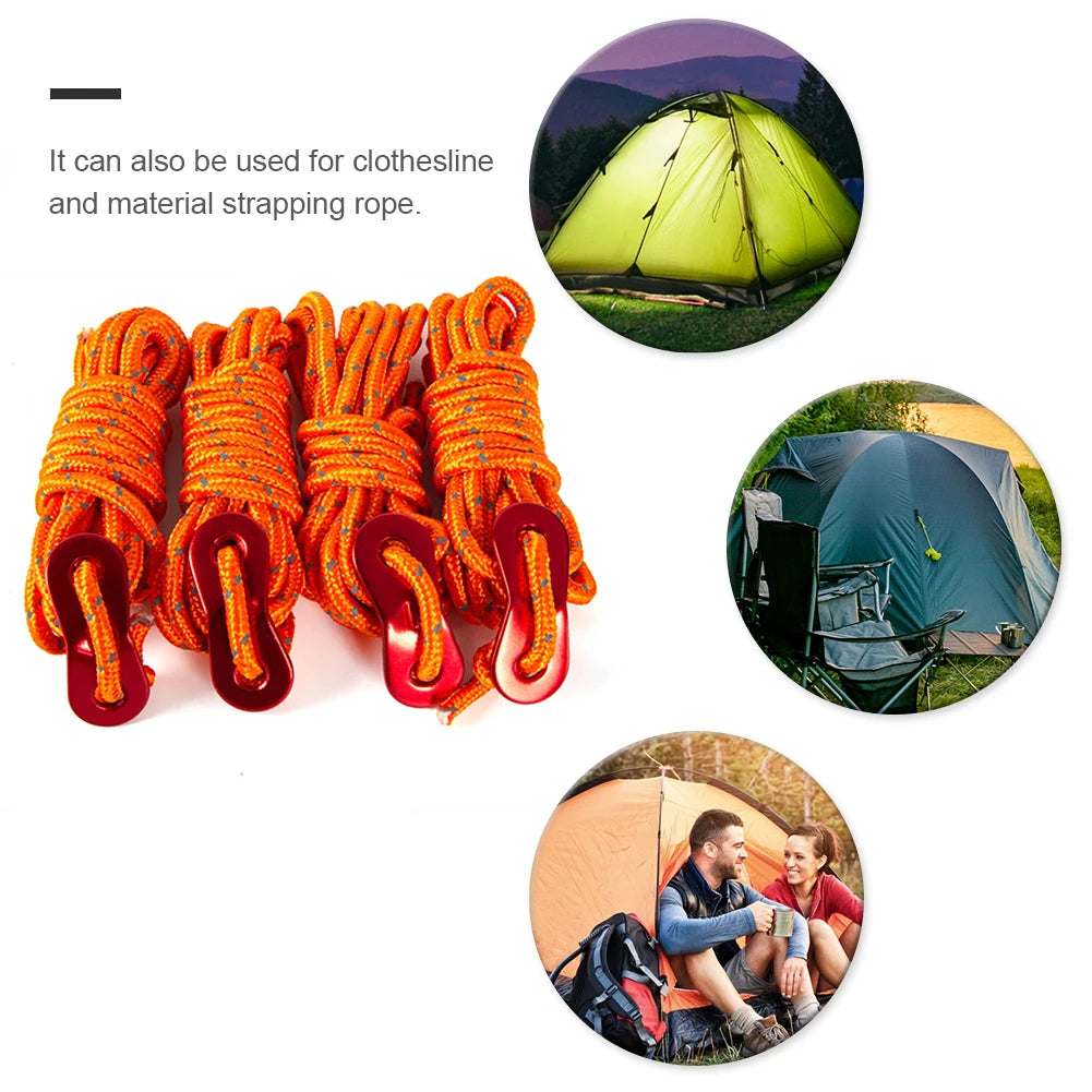 4pcs Tent Wind Rope Cord Tensioner High-strength Reflective Lanyard Rope with 2 Holes Buckle