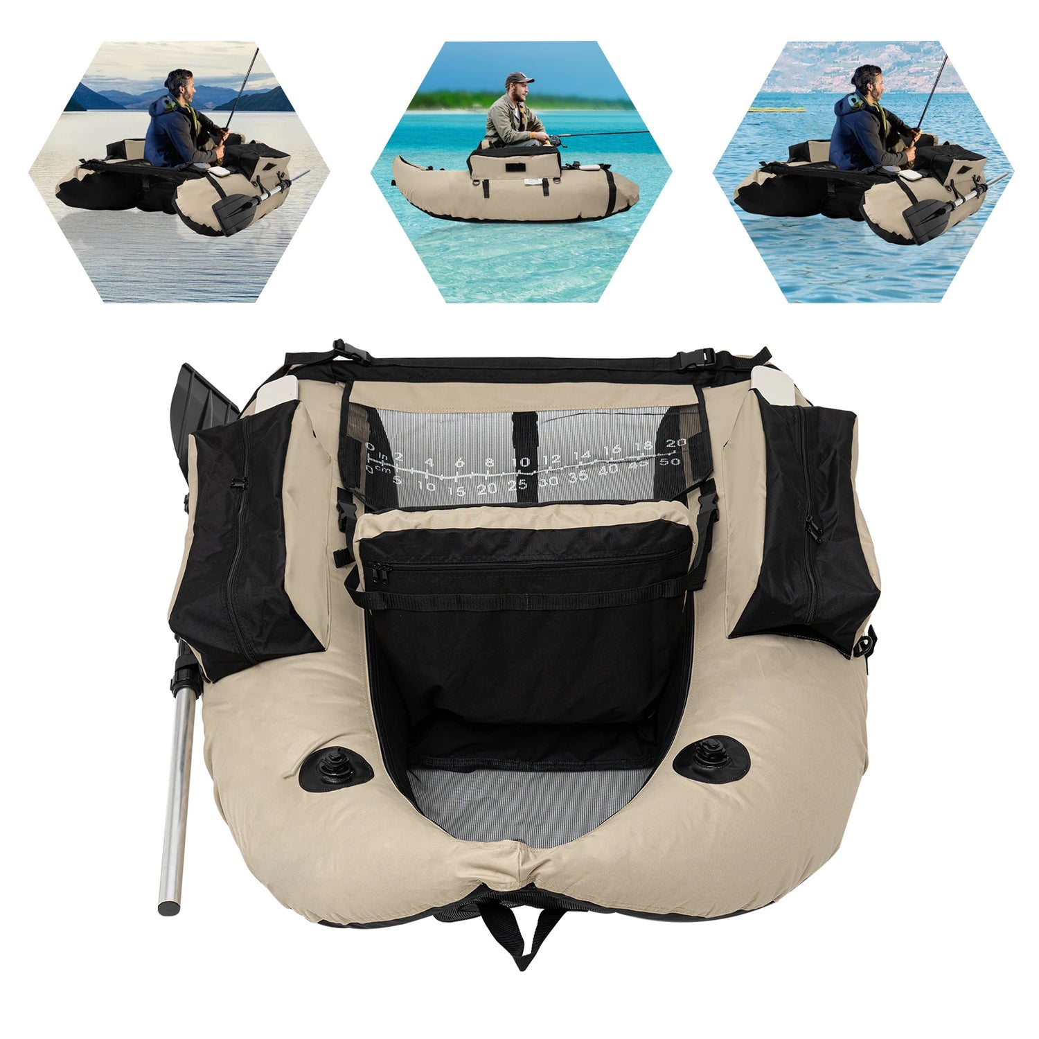 Outdoor Inflatable Fishing Boat Khaki Portable Fishing Raft 286.6LBS Load 90-180° Adjustable Backrest for Ocean/River Fishing