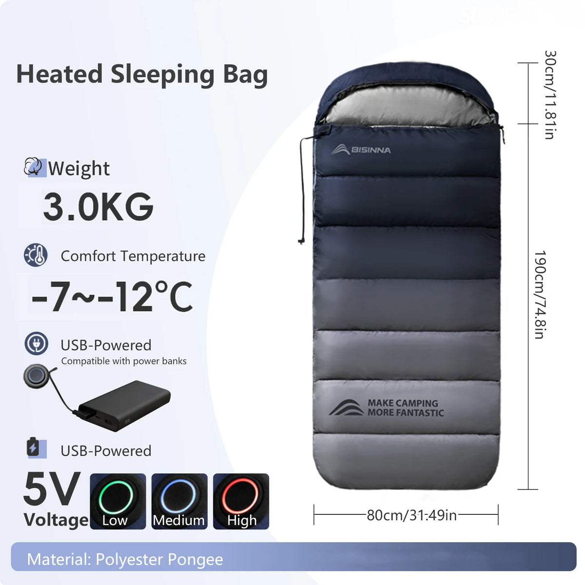 Bisinna SL096 Heated Sleeping Bag – USB Electric, 3-Heat Zones, 0°C to -10°C, Hooded Envelope, Adult