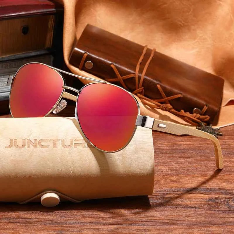 JUNCTURE KP1510 Wood &amp; Metal Pilot Sunglasses – Mirror UV400, Unisex