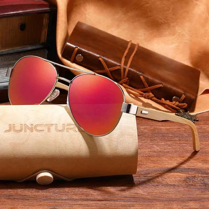 JUNCTURE KP1510 Wood &amp; Metal Pilot Sunglasses – Mirror UV400, Unisex