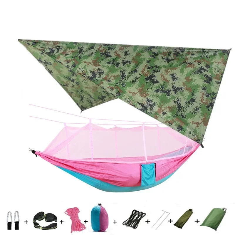 Double Camping Hammock with Mosquito Net, Rain Fly &amp; Tree Straps – 2 Person | 210T Nylon | 600 lb | 3000mm Rainfly