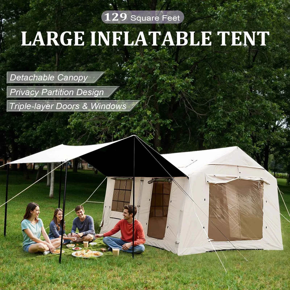 SENLEETO Inflatable Camping Tent – 6-8 Person, 129 sq ft with Canopy, Stove Jack &amp; Pump