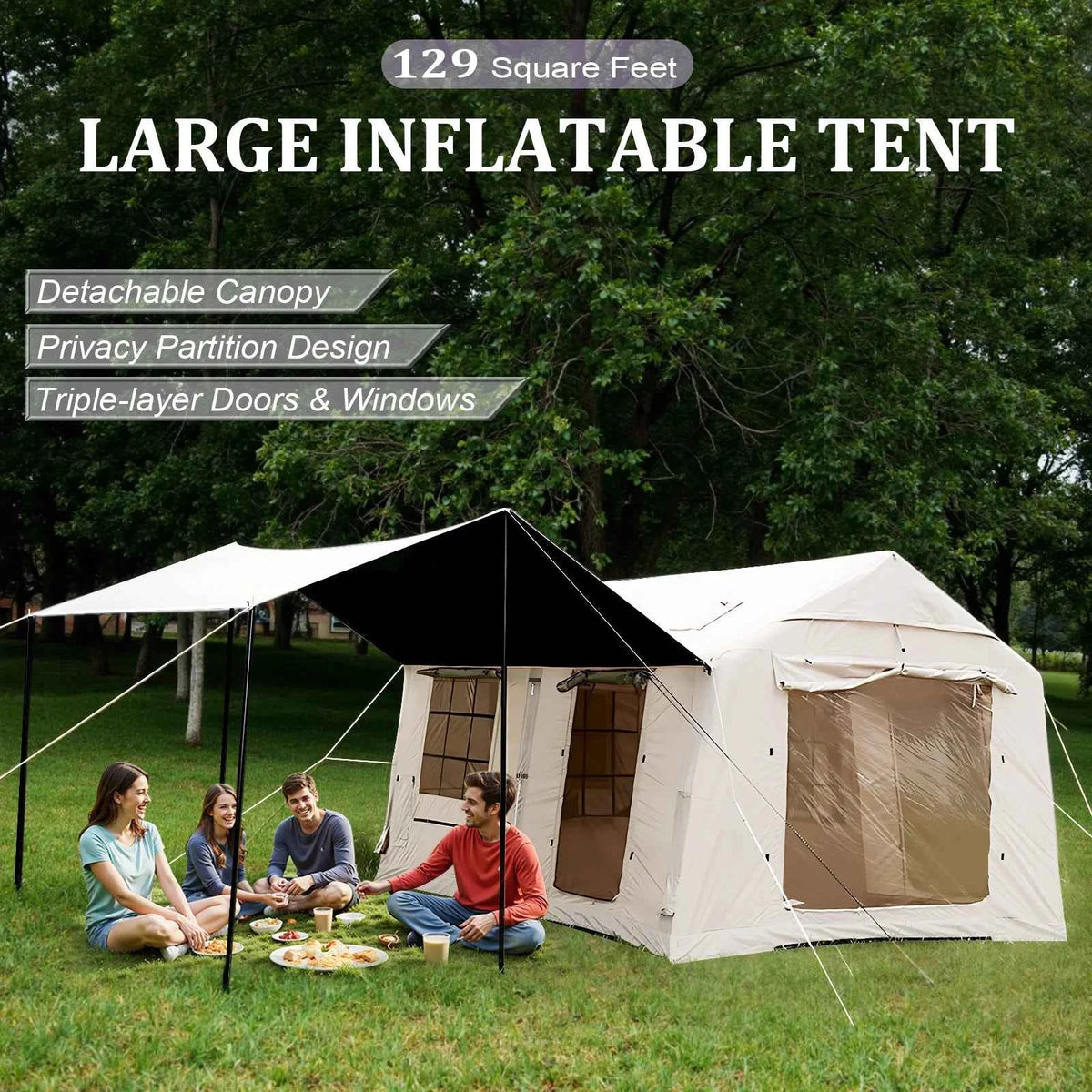 SENLEETO Inflatable Camping Tent – 6-8 Person, 129 sq ft with Canopy, Stove Jack &amp; Pump