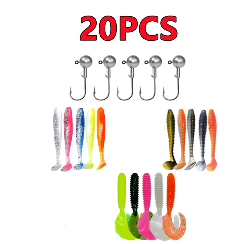 Soft Silicone Worm Fishing Lures with Jig Head Hooks | 15, 20 &amp; 40 Pack | Assorted Colors | Bass &amp; Finesse