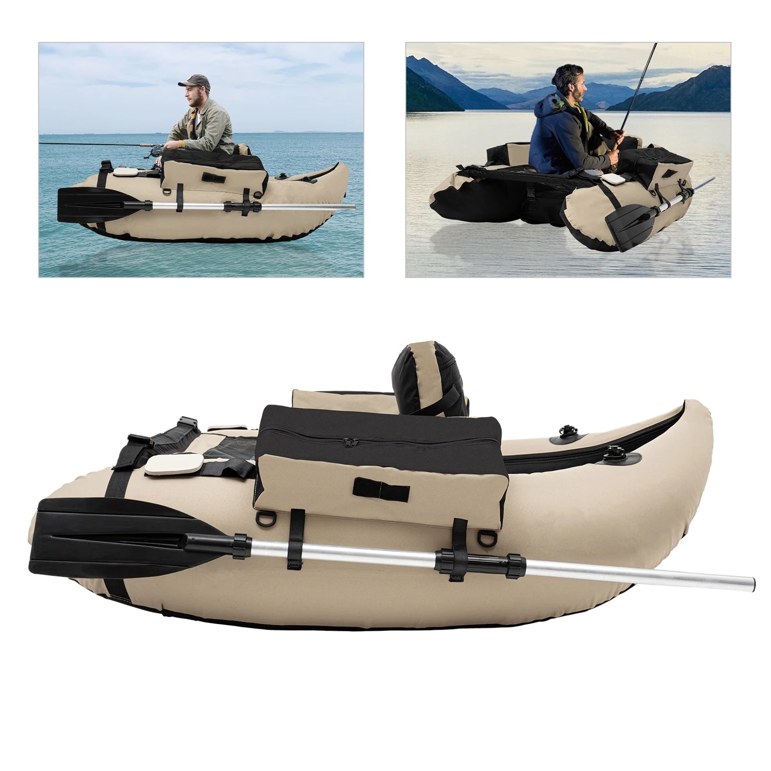 Outdoor Inflatable Fishing Boat Khaki Portable Fishing Raft 286.6LBS Load 90-180° Adjustable Backrest for Ocean/River Fishing