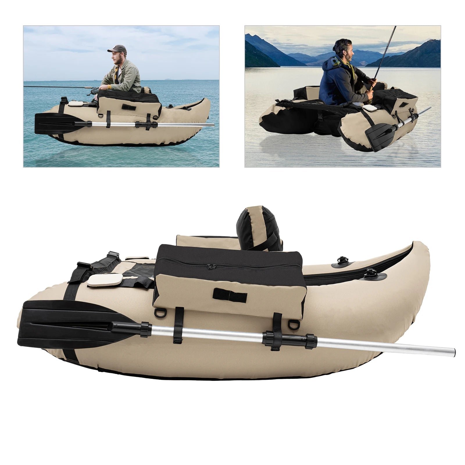 Outdoor Inflatable Fishing Boat Khaki Portable Fishing Raft 286.6LBS Load 90-180° Adjustable Backrest for Ocean/River Fishing