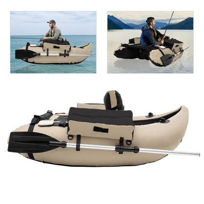 Outdoor Inflatable Fishing Boat Khaki Portable Fishing Raft 286.6LBS Load 90-180° Adjustable Backrest for Ocean/River Fishing