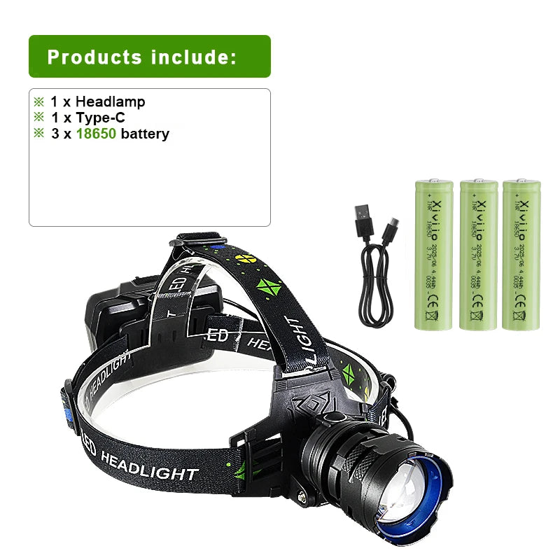 860000000LM Ultra Powerful LED Headlamp Super Bright Long Range 4500M Head Flashlight Rechargeable  Head Lantern Fishing Hunting