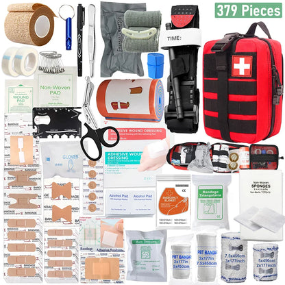 379pcs Home Office First Aid Kit Portable Emergency Bag, Red Survival Carry-On for Outdoor Activities, Camping, Hunting, Hiking