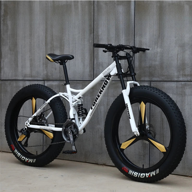 Fat Tire Mountain Bike – 4.0" Wide Tires, Soft-Tail Frame, Double Disc Brakes, 7–27 Speed, 24" or 26" Wheel, Unisex