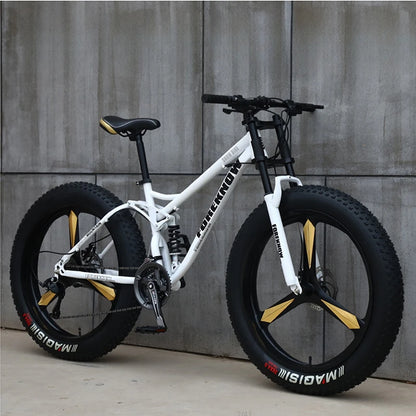 Fat Tire Mountain Bike – 4.0" Wide Tires, Soft-Tail Frame, Double Disc Brakes, 7–27 Speed, 24" or 26" Wheel, Unisex