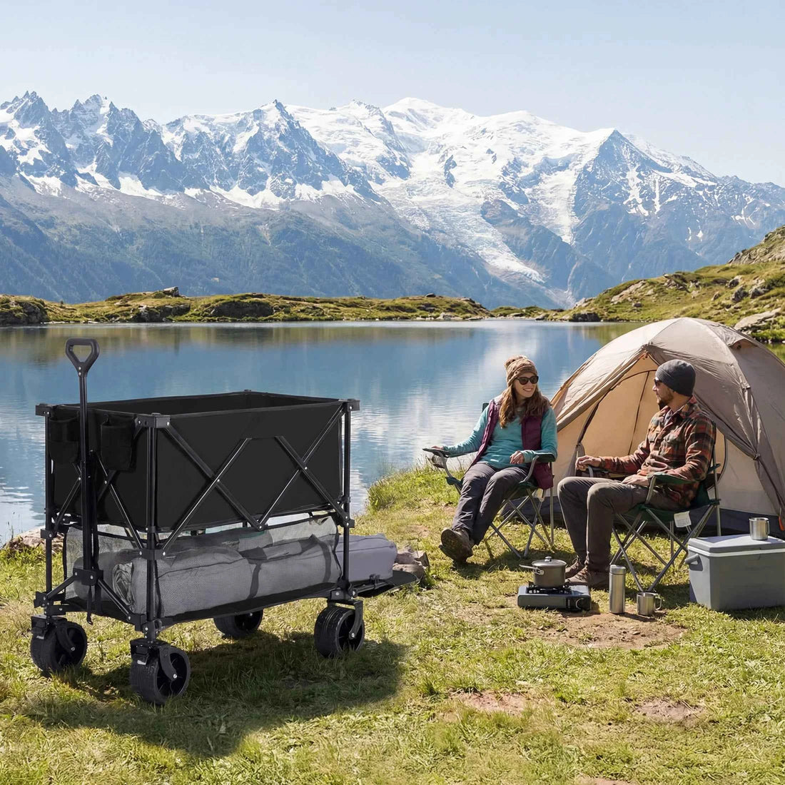 Outdoor Double Decker Wagons Cart 440 lbs Large Capacity Collapsible Foldable Garden Beach Cart for Grocery Garden Camping